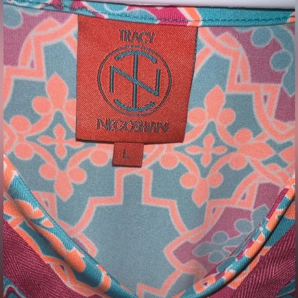 Tracy Negoshian Coral, Neon Orange And Teal Sleeveless Shift Dress - Picture 4 of 5